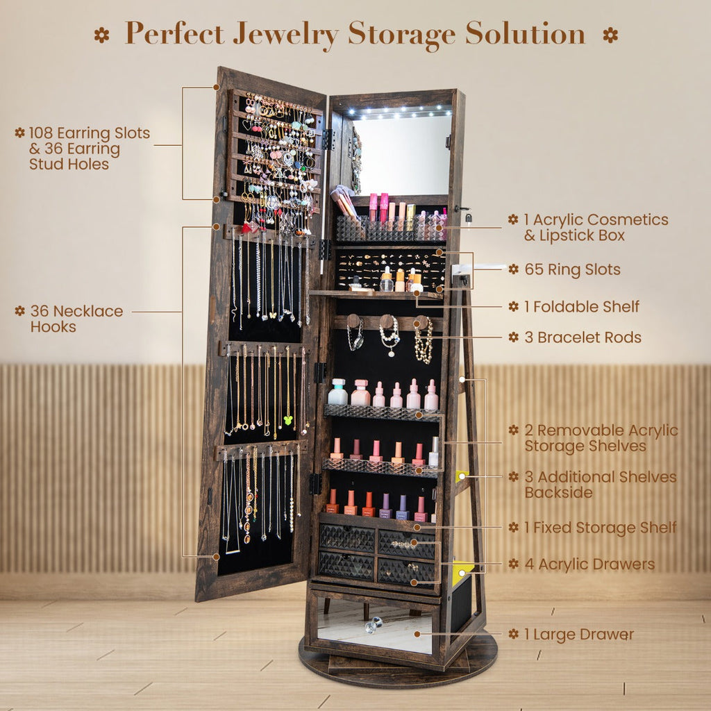 NNECW Swivel Jewelry Cabinet with Full-Length Mirror for Bedroom-Coffee-2