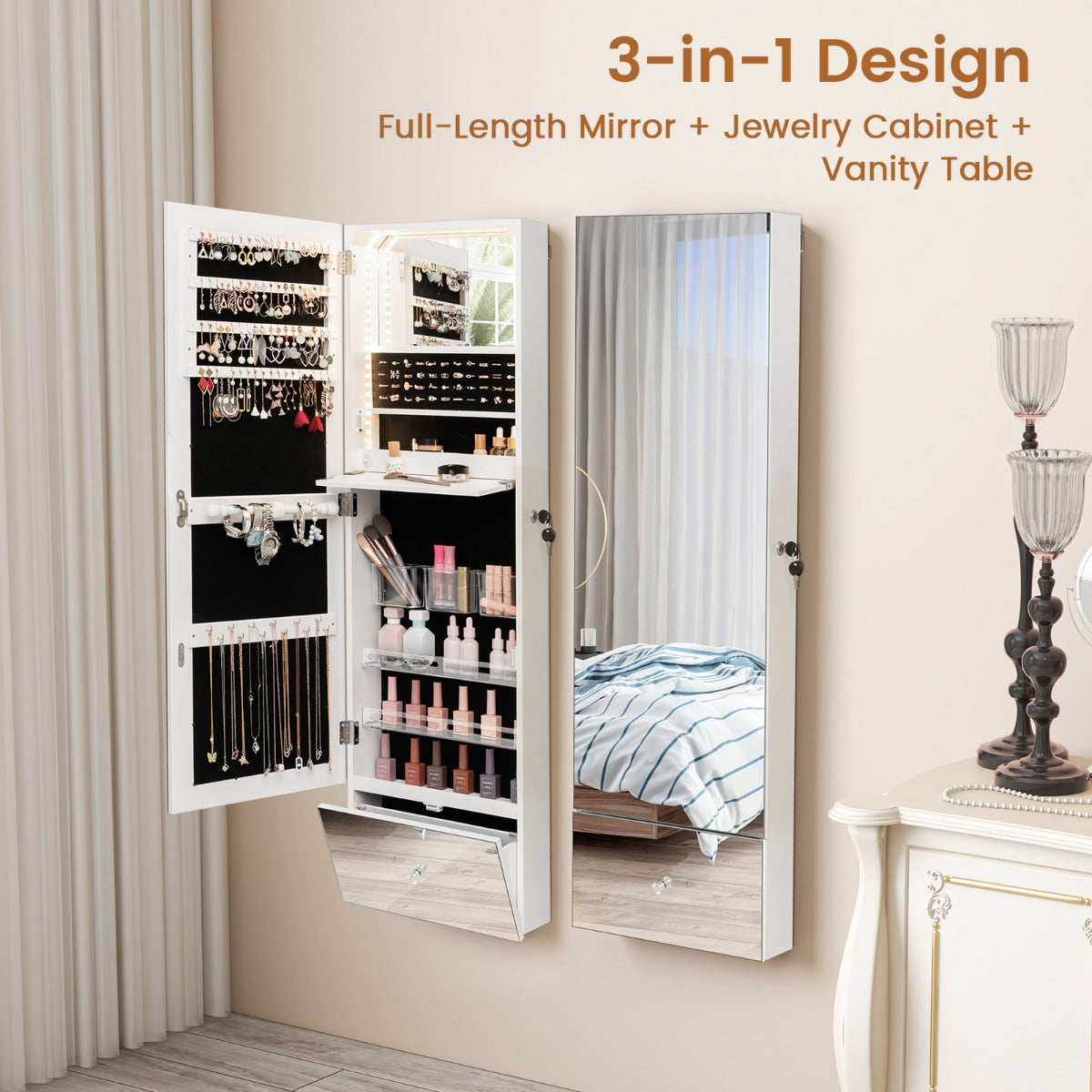 NNECW 120 CM LED Jewelry Mirror Cabinet with Full-Length Frameless Mirror-2