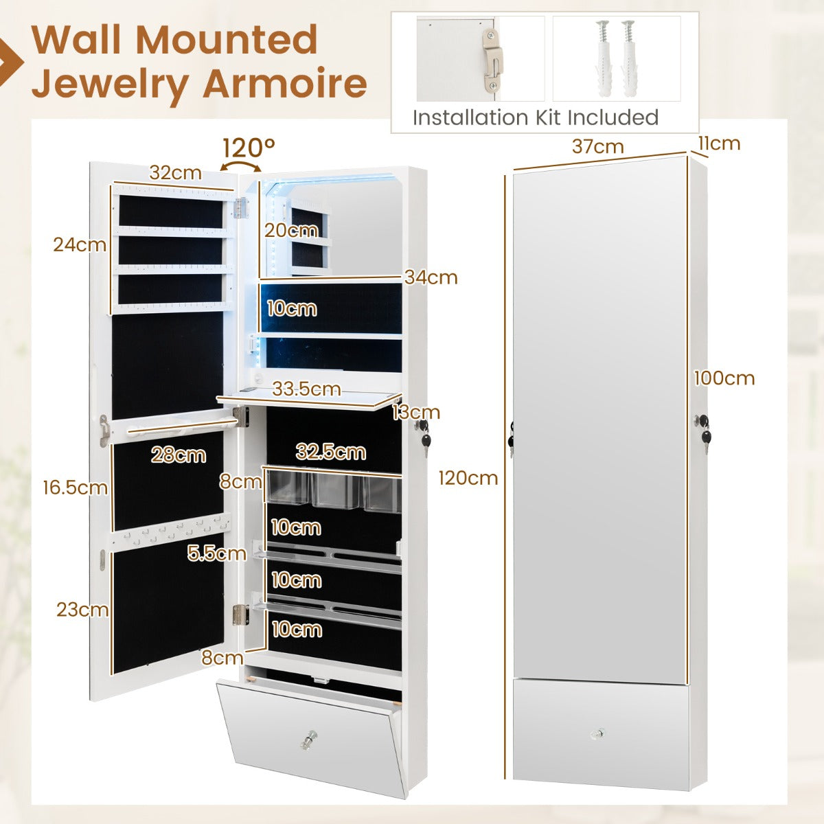 NNECW 120 CM LED Jewelry Mirror Cabinet with Full-Length Frameless Mirror-3