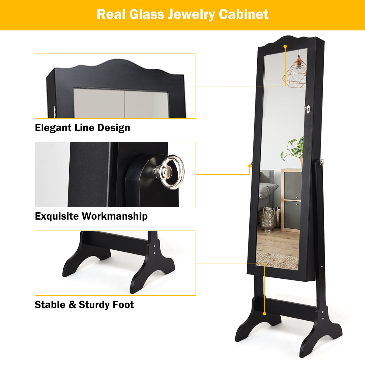 NNECW Full-length Lockable Jewelry Storage Armoire with 4 Tilting Angles-Black-2