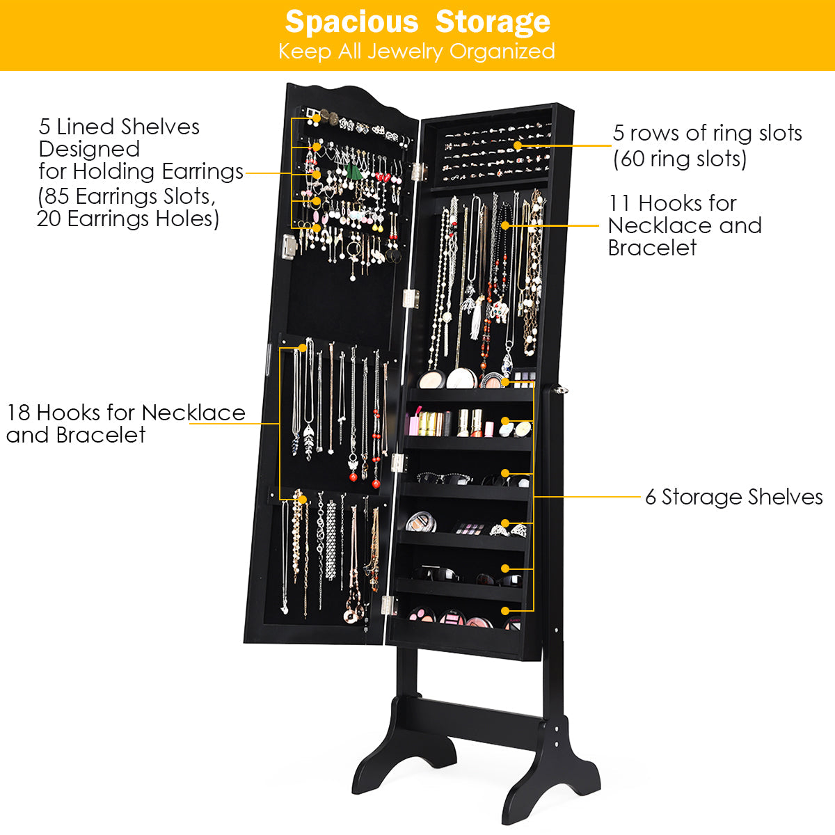 NNECW Full-length Lockable Jewelry Storage Armoire with 4 Tilting Angles-Black-4