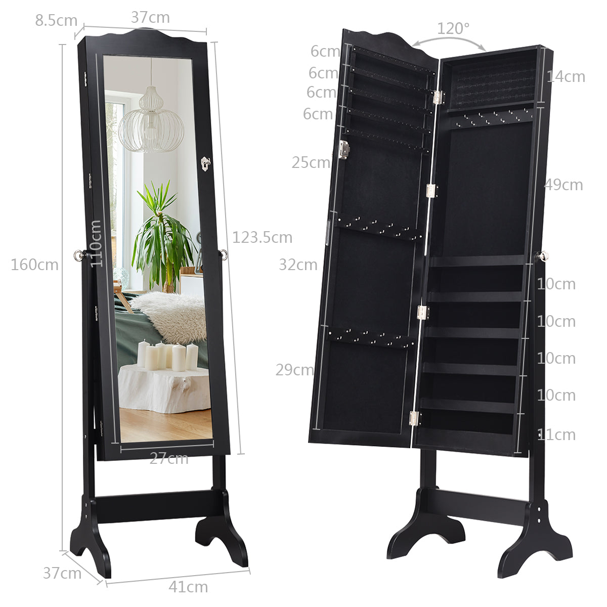 NNECW Full-length Lockable Jewelry Storage Armoire with 4 Tilting Angles-Black-3