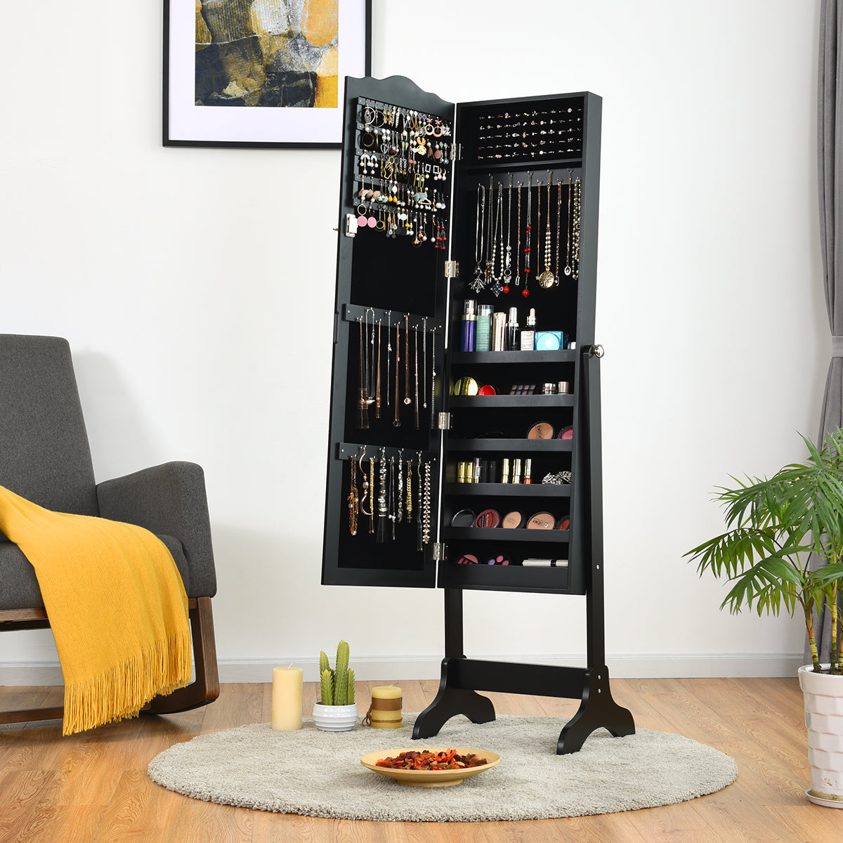 NNECW Full-length Lockable Jewelry Storage Armoire with 4 Tilting Angles-Black-0