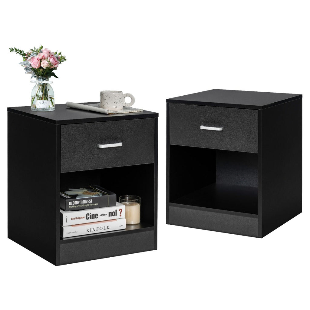 NNECW 2-tier Wooden Bedside Table with Storage Drawer and Cabinet for Bedroom/Living Room/Office-Black-2 pieces-1