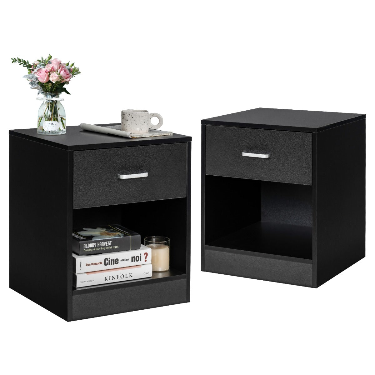 NNECW 2-tier Wooden Bedside Table with Storage Drawer and Cabinet for Bedroom/Living Room/Office-Black-2 pieces-1