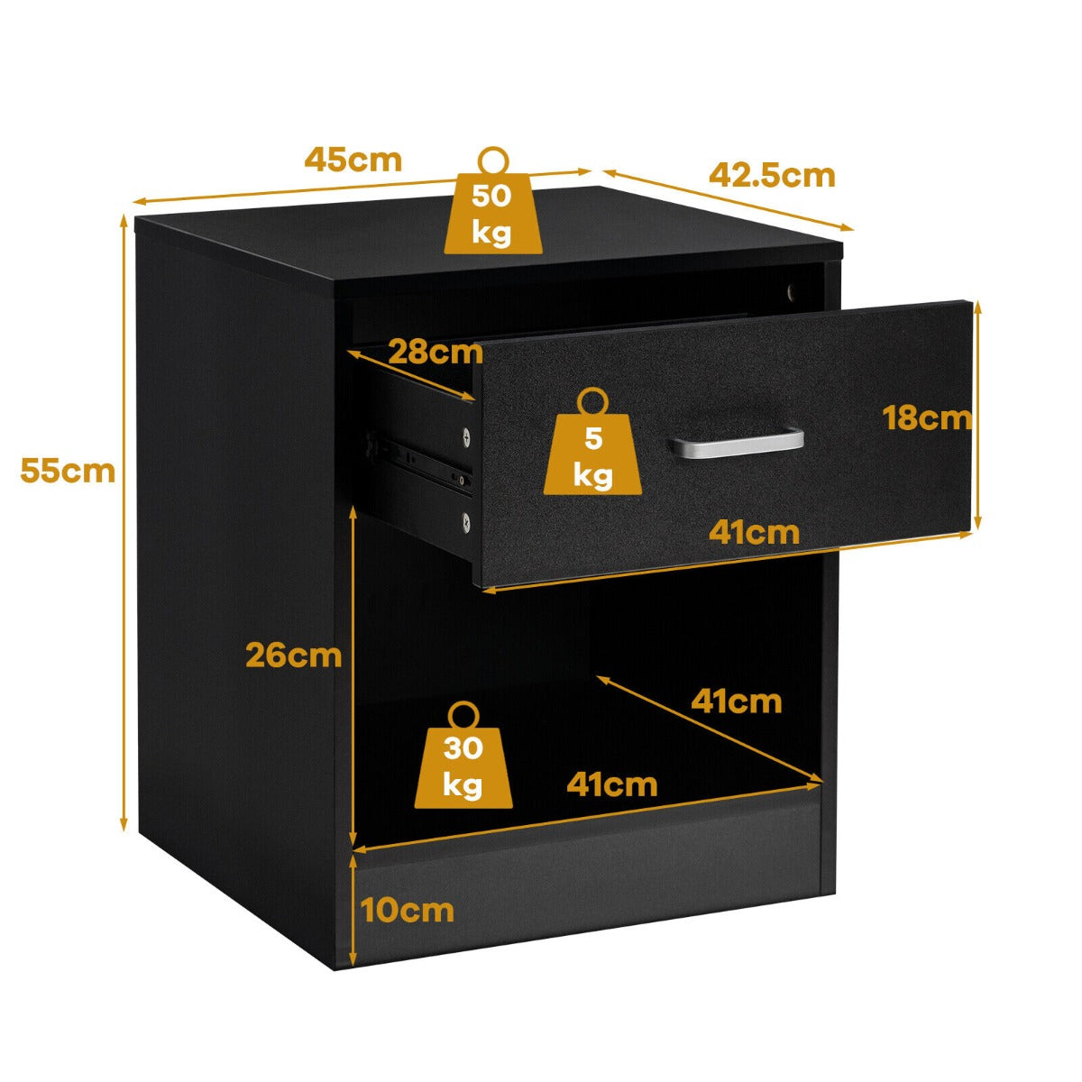 NNECW 2-tier Wooden Bedside Table with Storage Drawer and Cabinet for Bedroom/Living Room/Office-Black-2 pieces-3