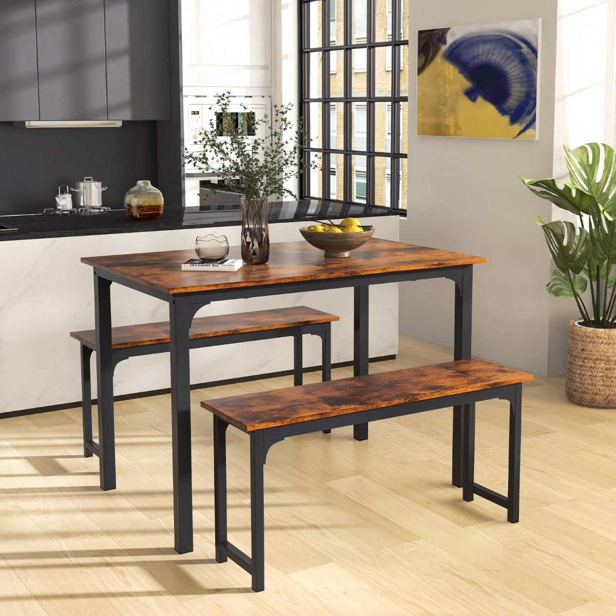 NNECW Space-saving Dining Table Set for 4 with 2 Benches for Kitchen-Brown-0
