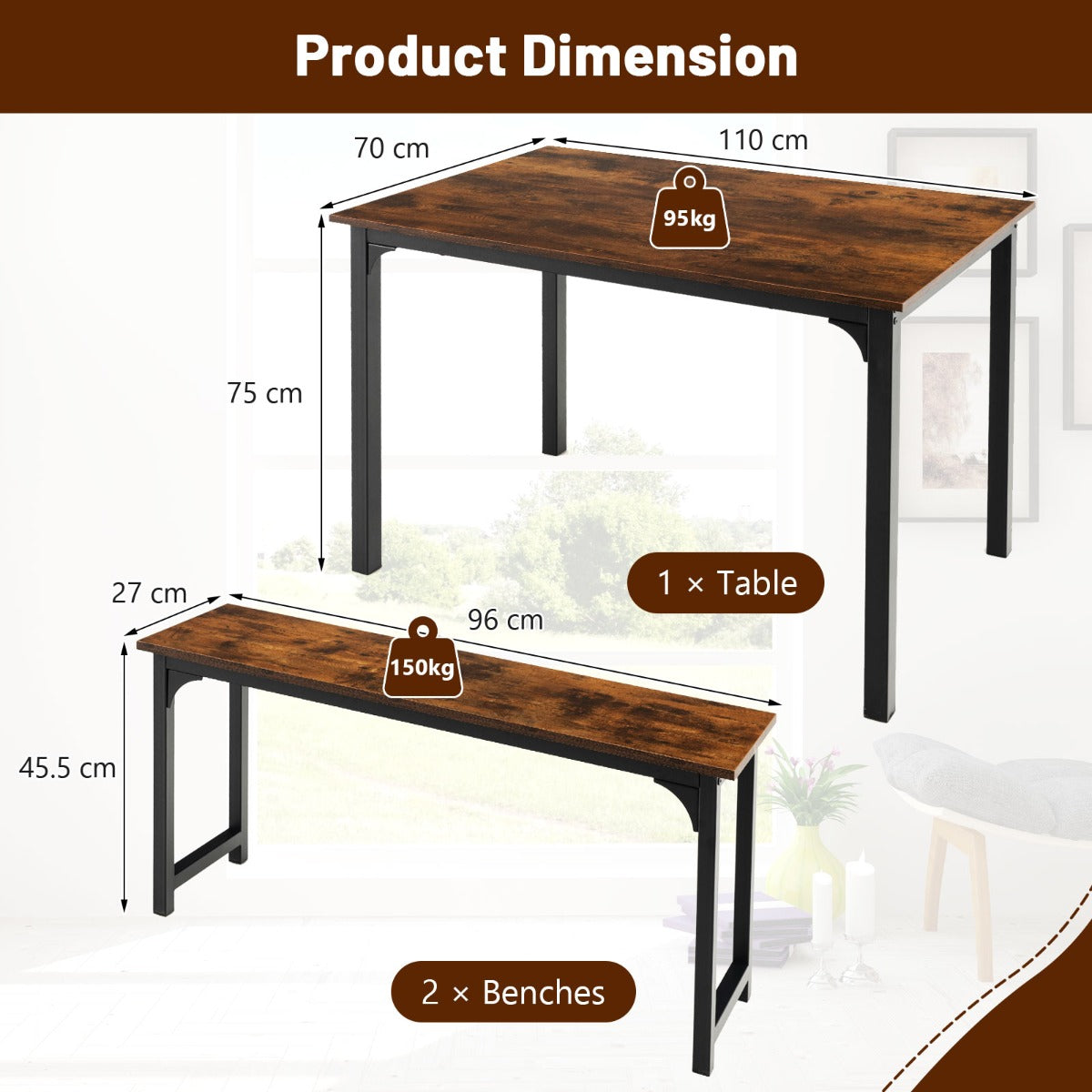 NNECW Space-saving Dining Table Set for 4 with 2 Benches for Kitchen-Brown-3