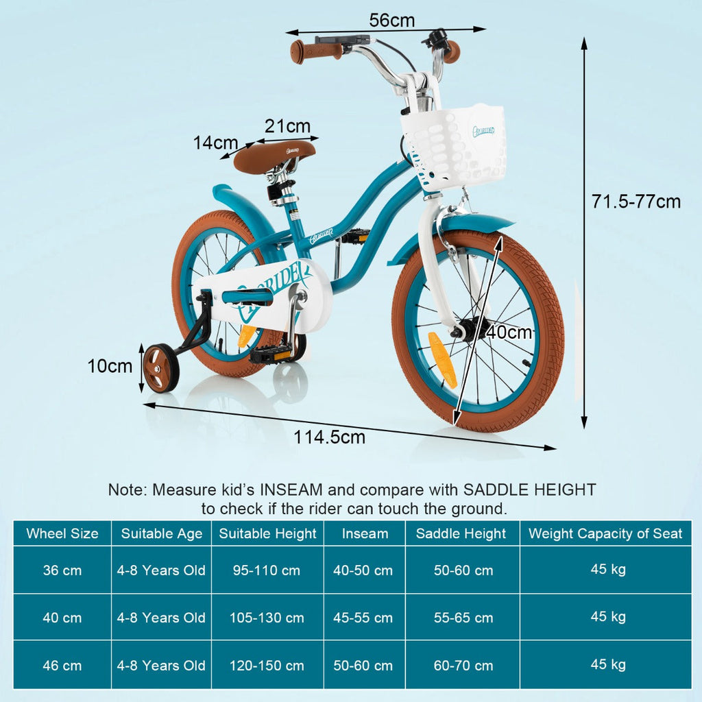 NNECW Kids Bike Adjustable with Handbrake and Basket for 4-7 Years Old-Turquoise-16 inches-2