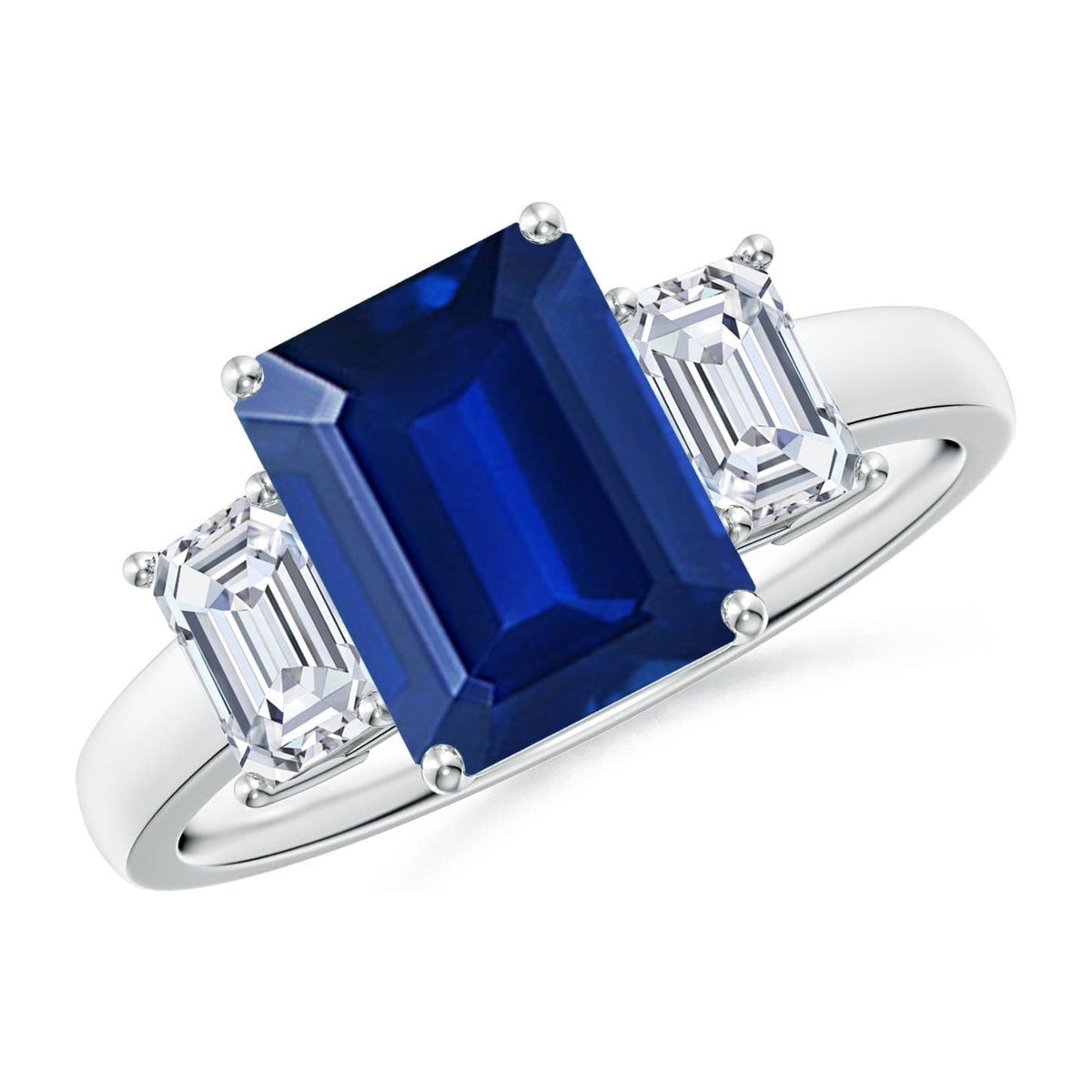 AGI Certified 6.50 CTW Lab-Grown Emerald-Cut Blue Sapphire and Diamond Three Stone Engagement Ring in 14K White Gold-0