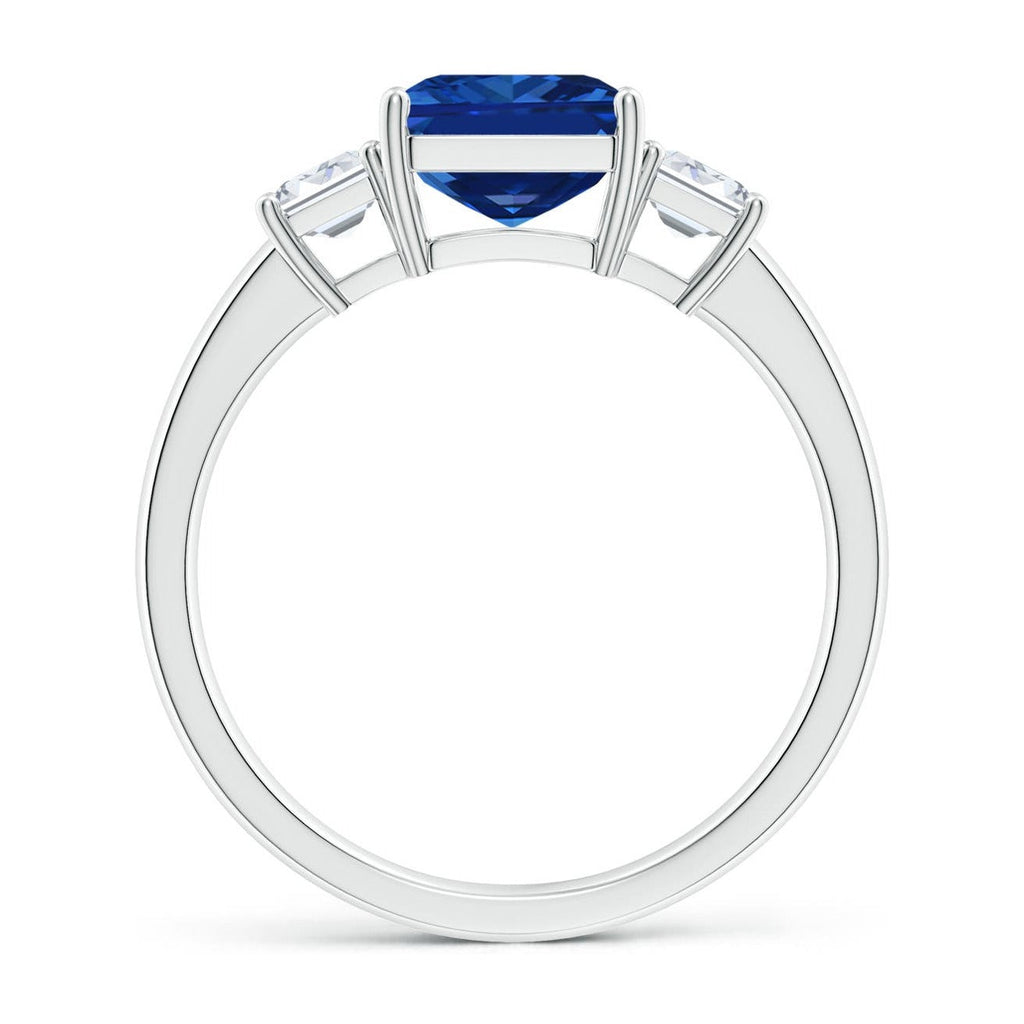 AGI Certified 6.50 CTW Lab-Grown Emerald-Cut Blue Sapphire and Diamond Three Stone Engagement Ring in 14K White Gold-2