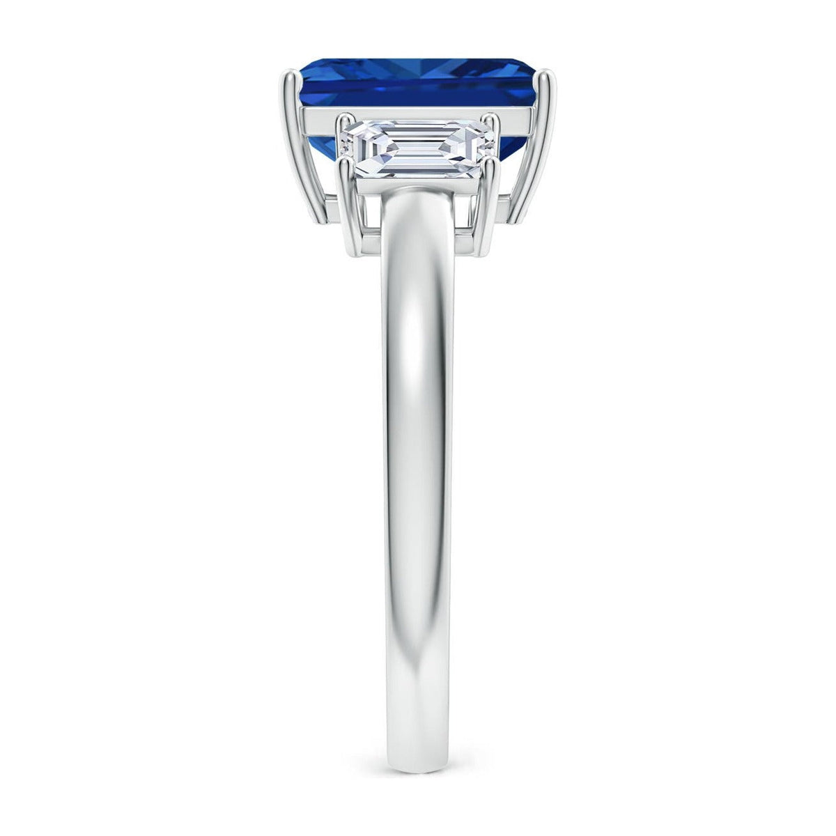 AGI Certified 6.50 CTW Lab-Grown Emerald-Cut Blue Sapphire and Diamond Three Stone Engagement Ring in 14K White Gold-1