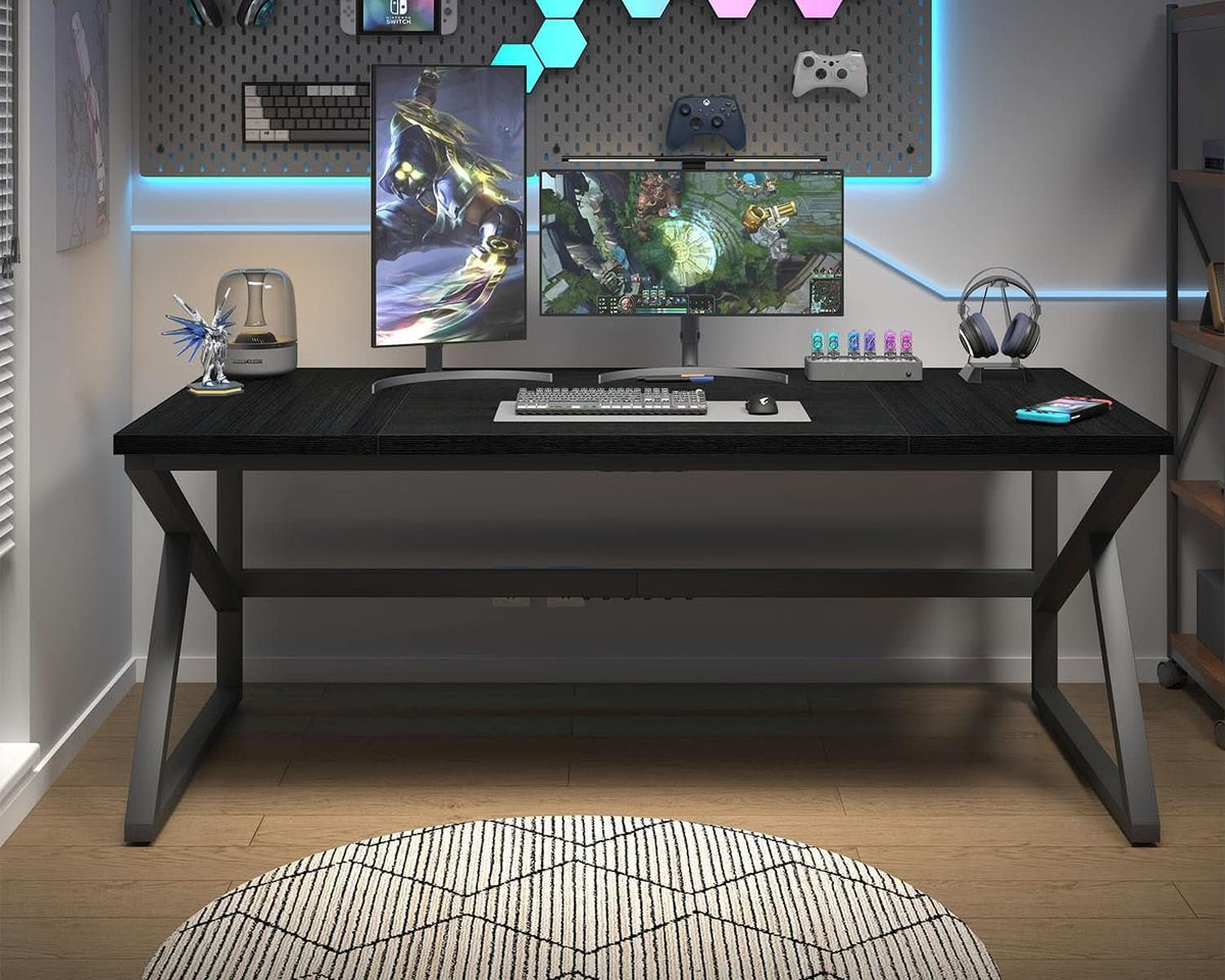 Large Black Desk for Two Monitors and Workstations-4