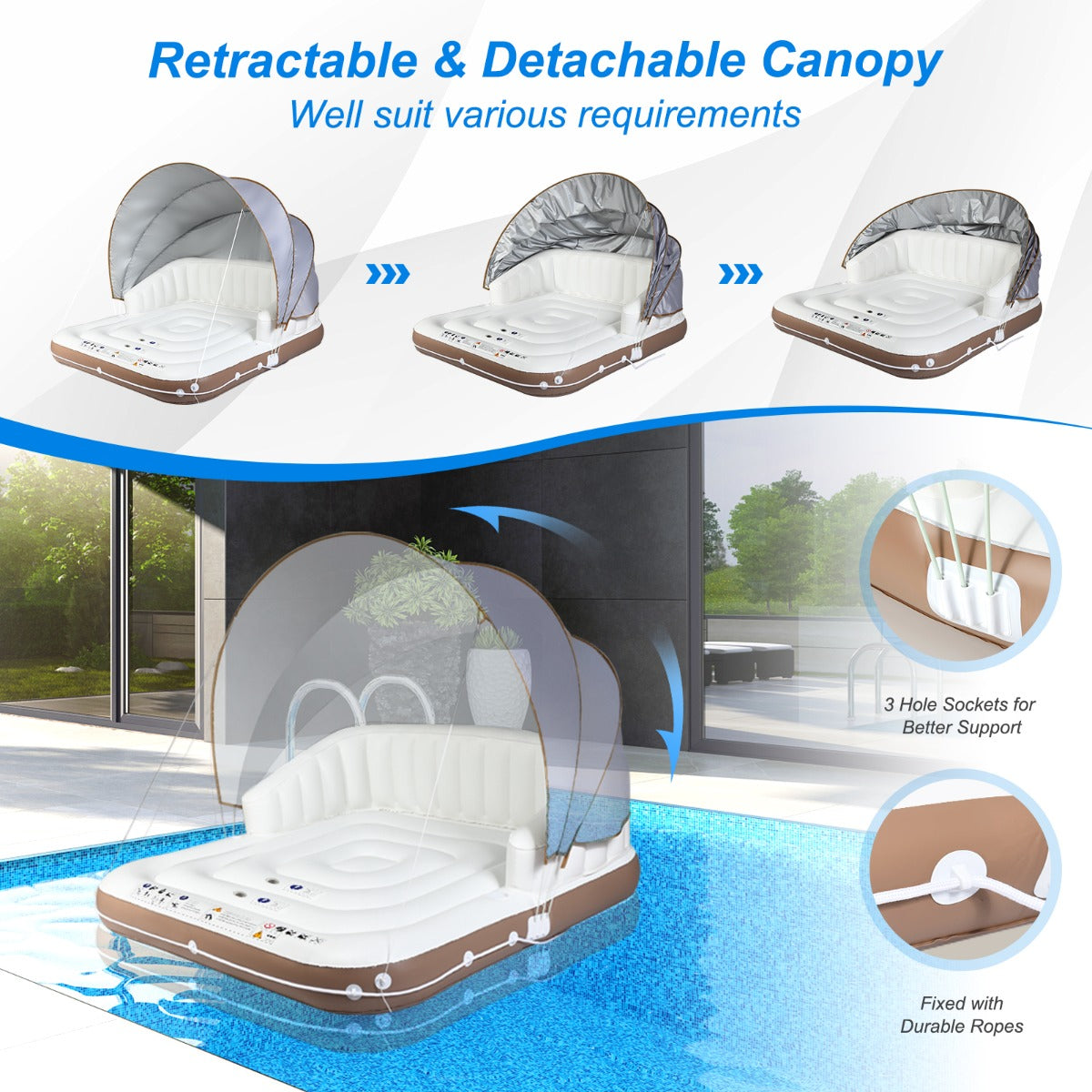 NNECW Inflatable Pool Floating Lounge Chair with 2 Cup Holders Retractable Canopy-2