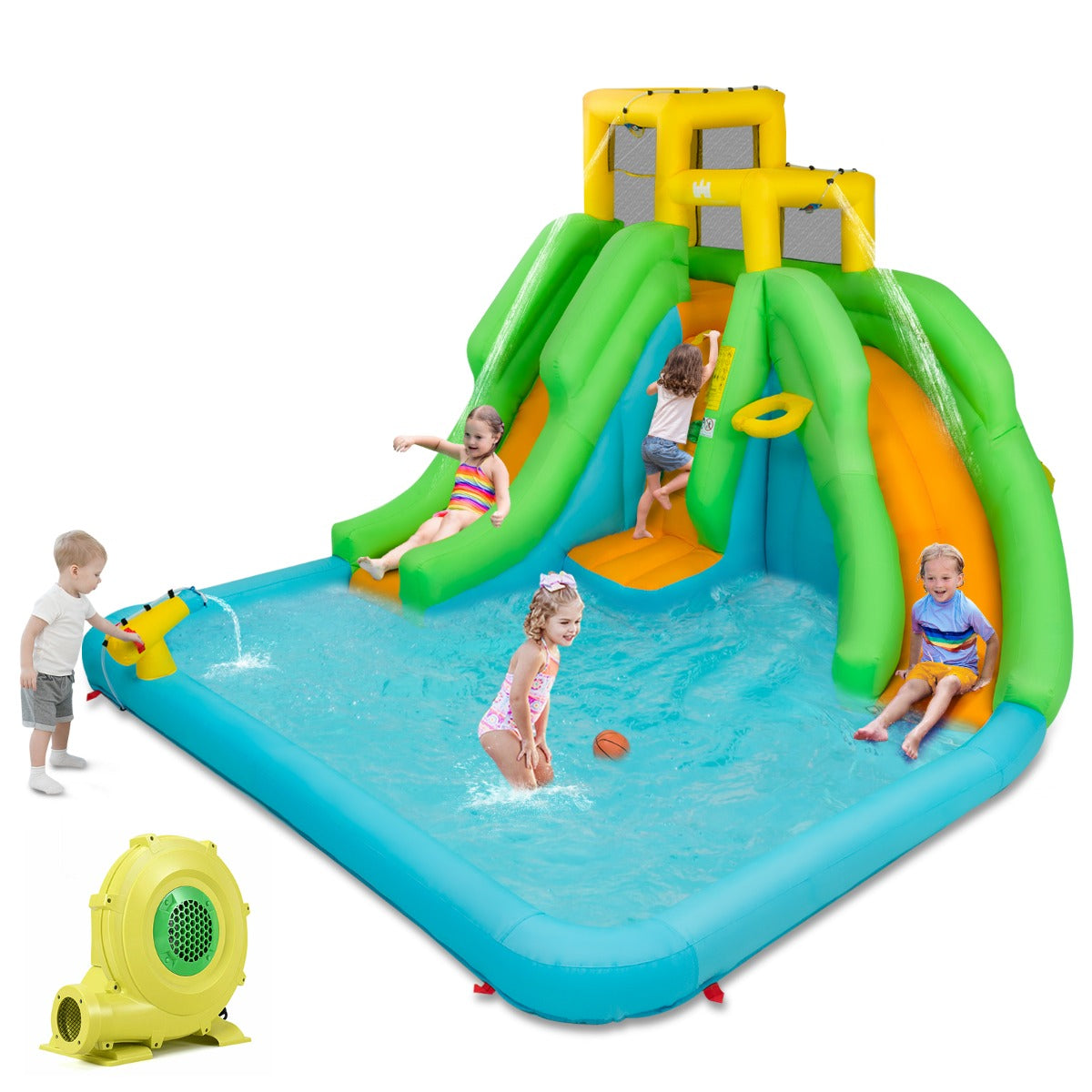 NNECW Inflatable Water Park with Two Slides for Outdoor Play with Blower-1