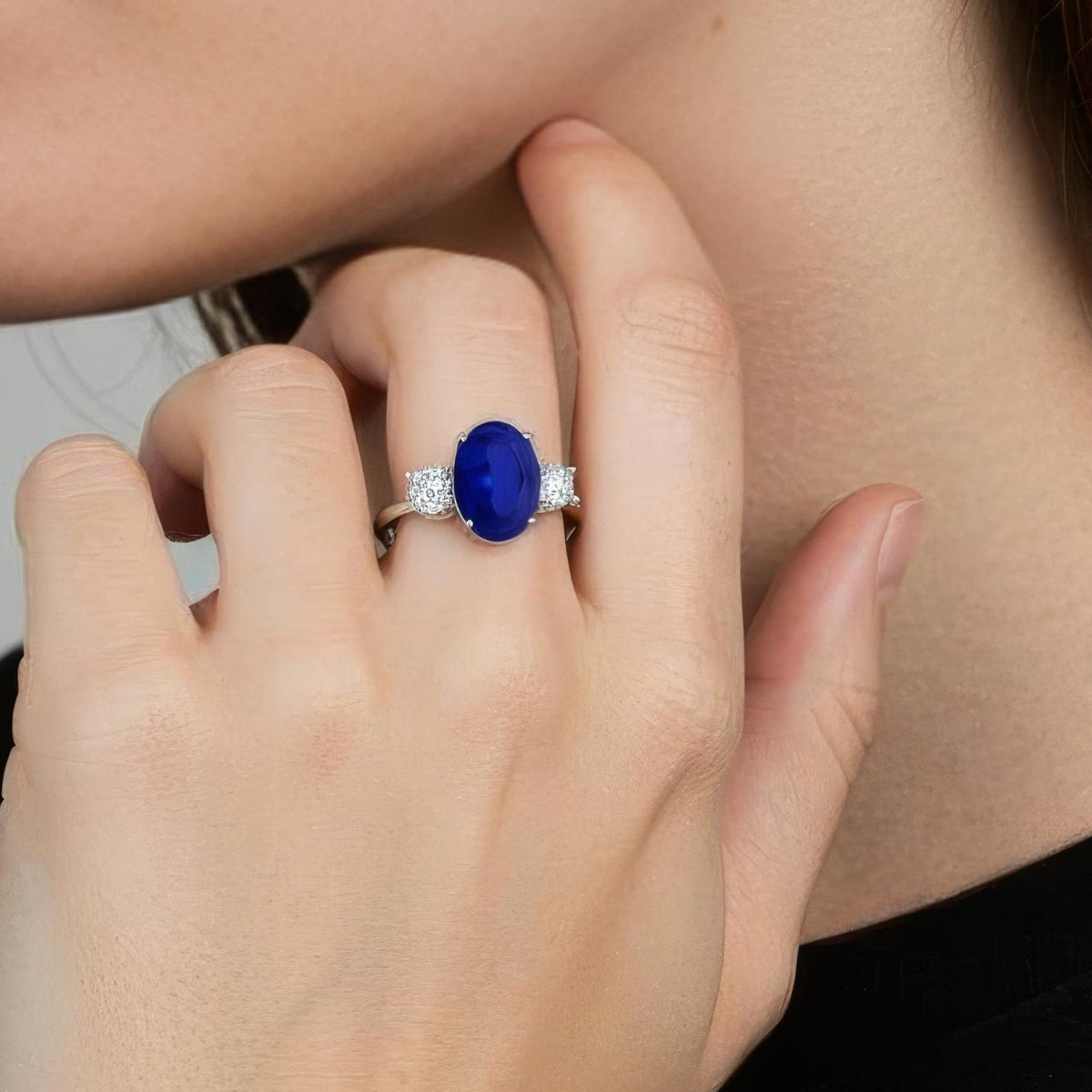 2.50 CTW Oval Lab-Grown Blue Sapphire Diamond Three-Stone Engagement Ring AGI Certified 8×6mm 14K White Gold-4