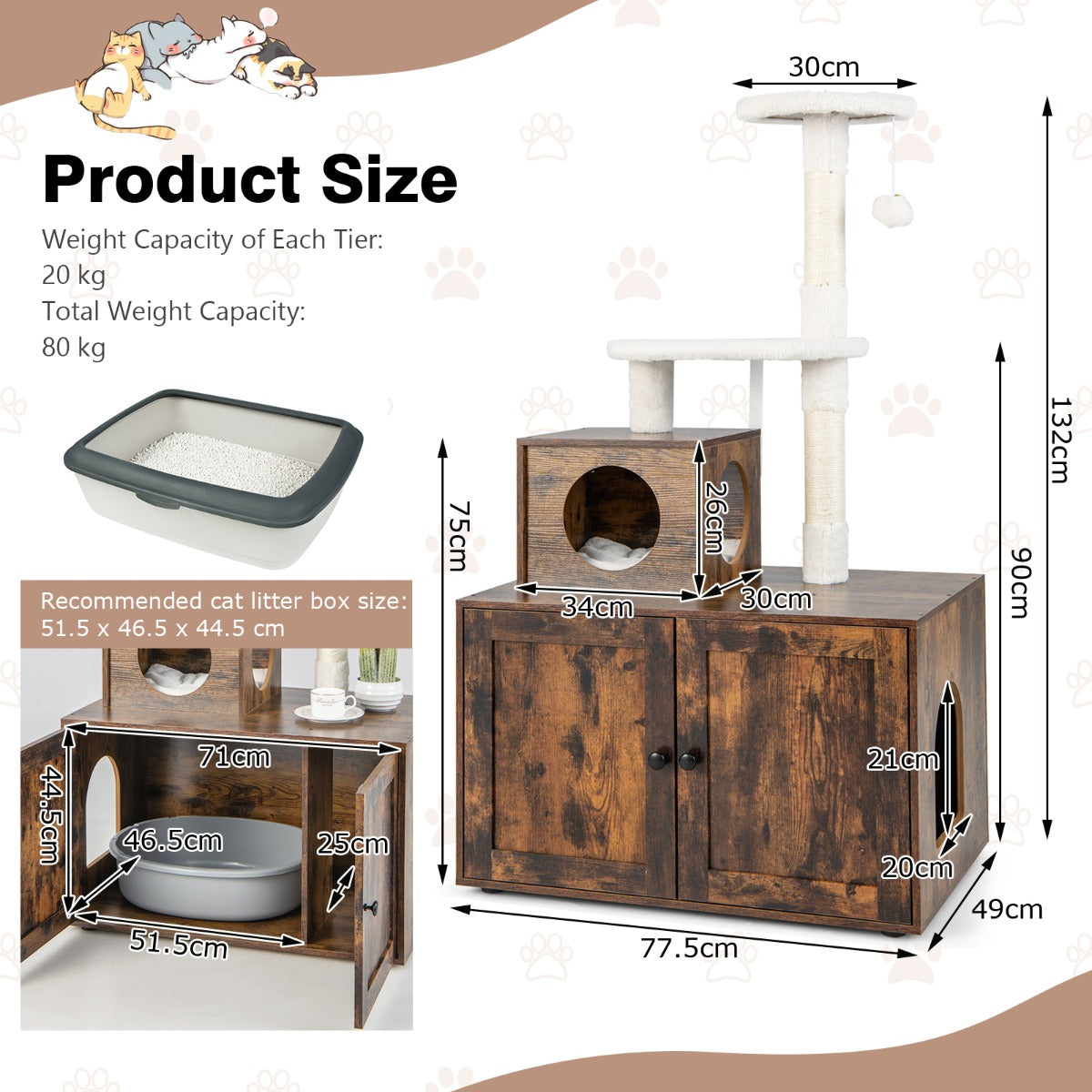NNECW 2-in-1 Cat Tree with Litter Box Enclosure &amp;amp; Sisal Scratching Posts-Brown-3