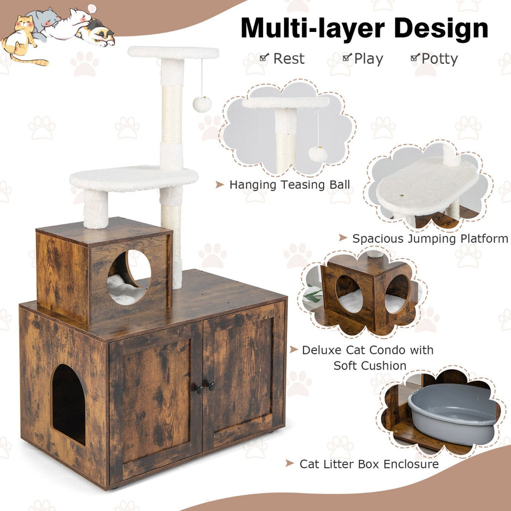 NNECW 2-in-1 Cat Tree with Litter Box Enclosure &amp;amp; Sisal Scratching Posts-Brown-4