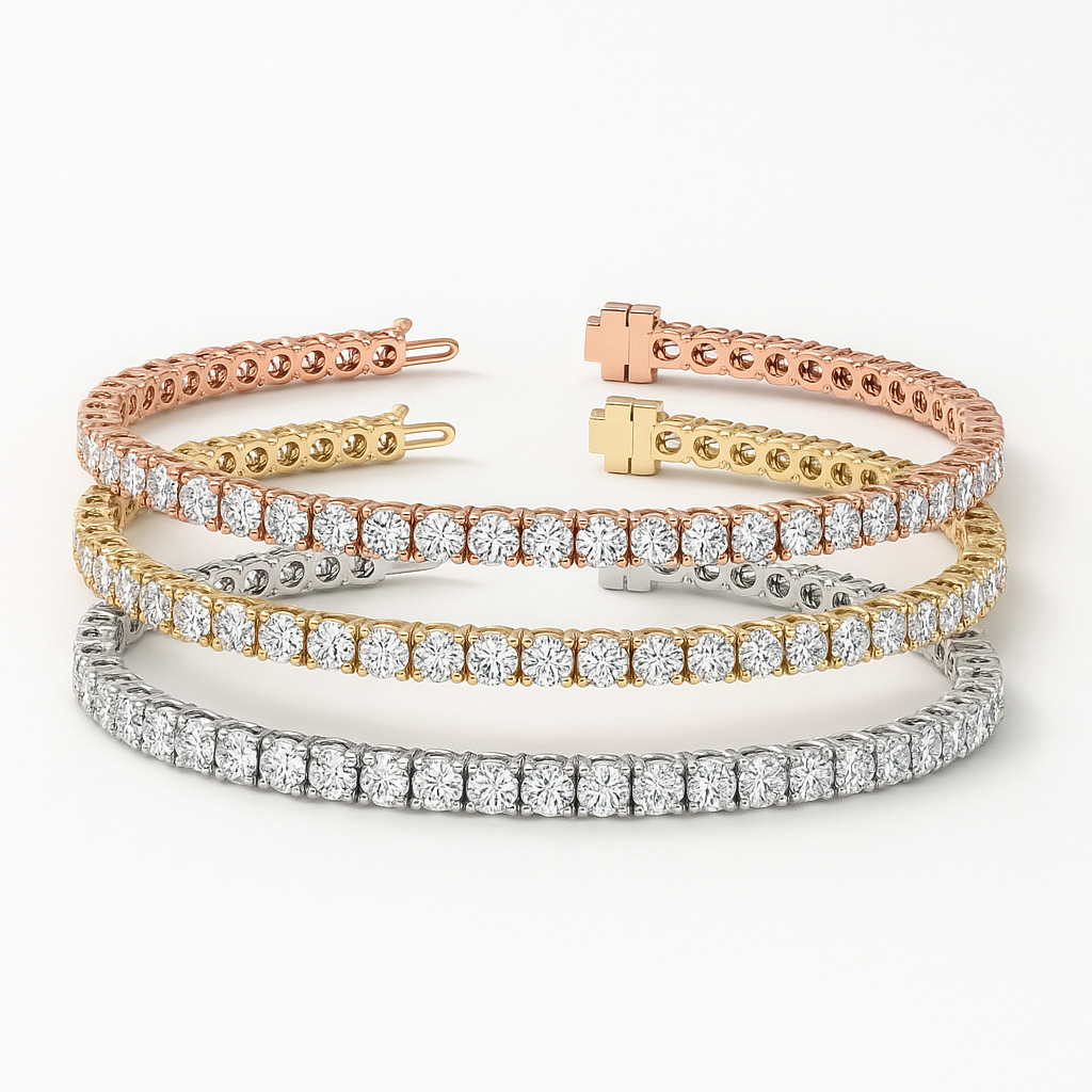 Set of Three 6ctw Created Moissanite Tennis Bracelets – 3mm Stones – 14K Gold Overlay in White, Yellow & Rose Gold-0