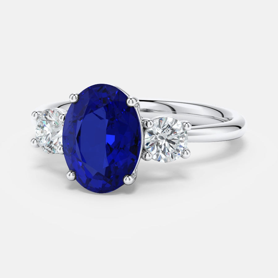 2.50 CTW Oval Lab-Grown Blue Sapphire Diamond Three-Stone Engagement Ring AGI Certified 8×6mm 14K White Gold-0