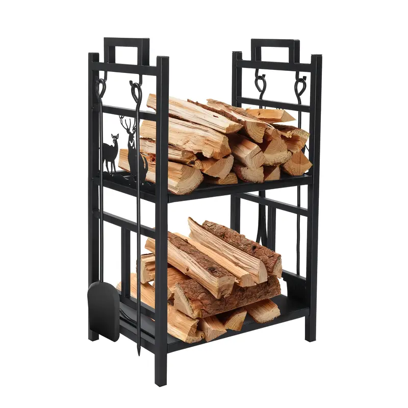 NNETM 2-Tier Firewood Rack with Hooks-2