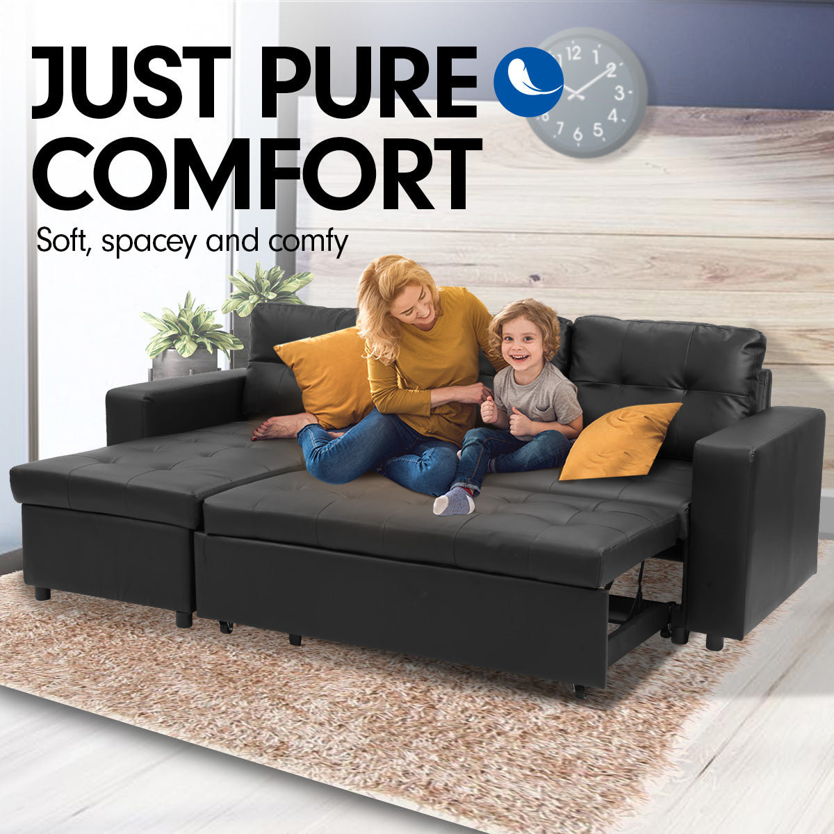 NNEDPE Sarantino Corner Sofa Bed Storage Chaise Couch Faux Leather Black-1