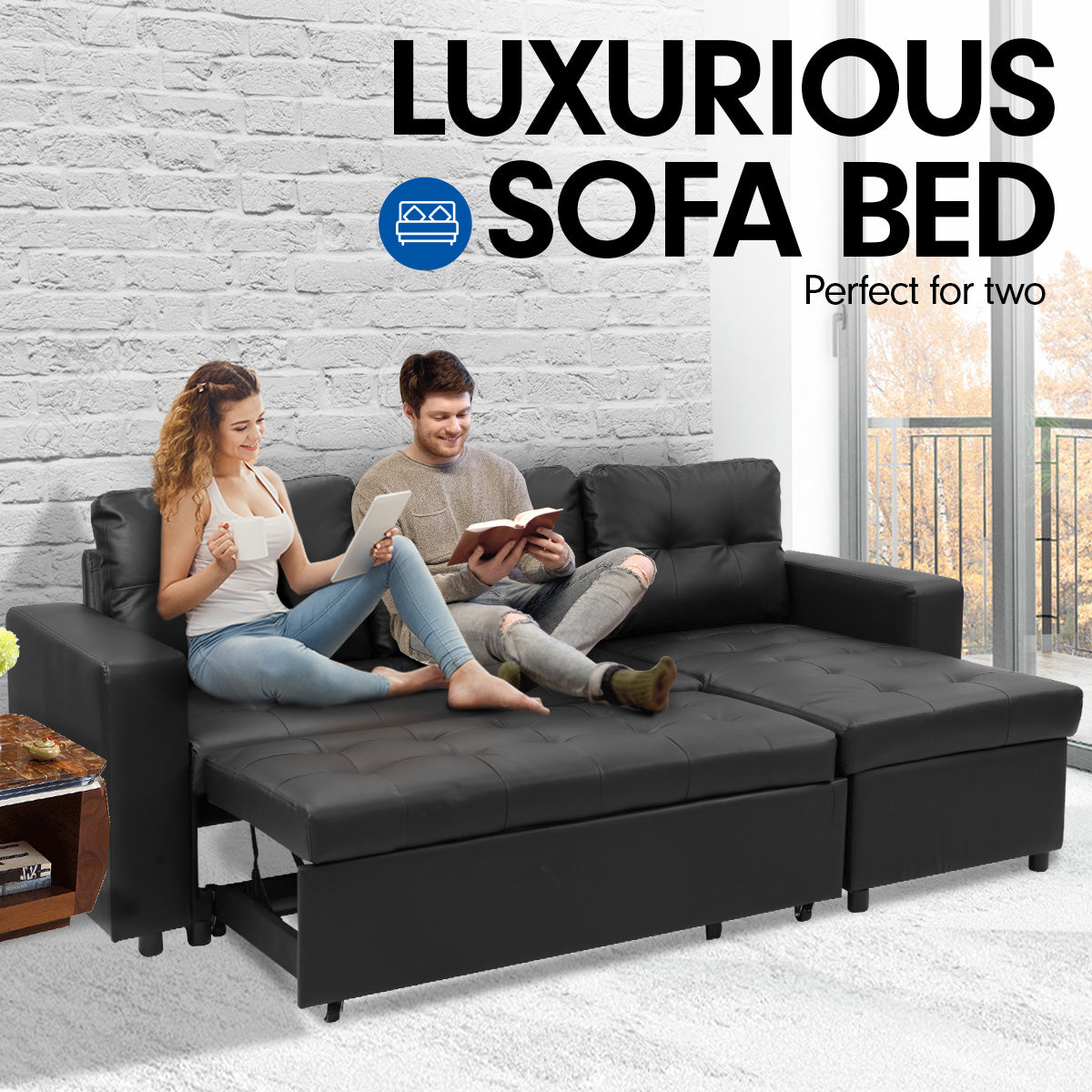 NNEDPE Sarantino Corner Sofa Bed Storage Chaise Couch Faux Leather Black-2