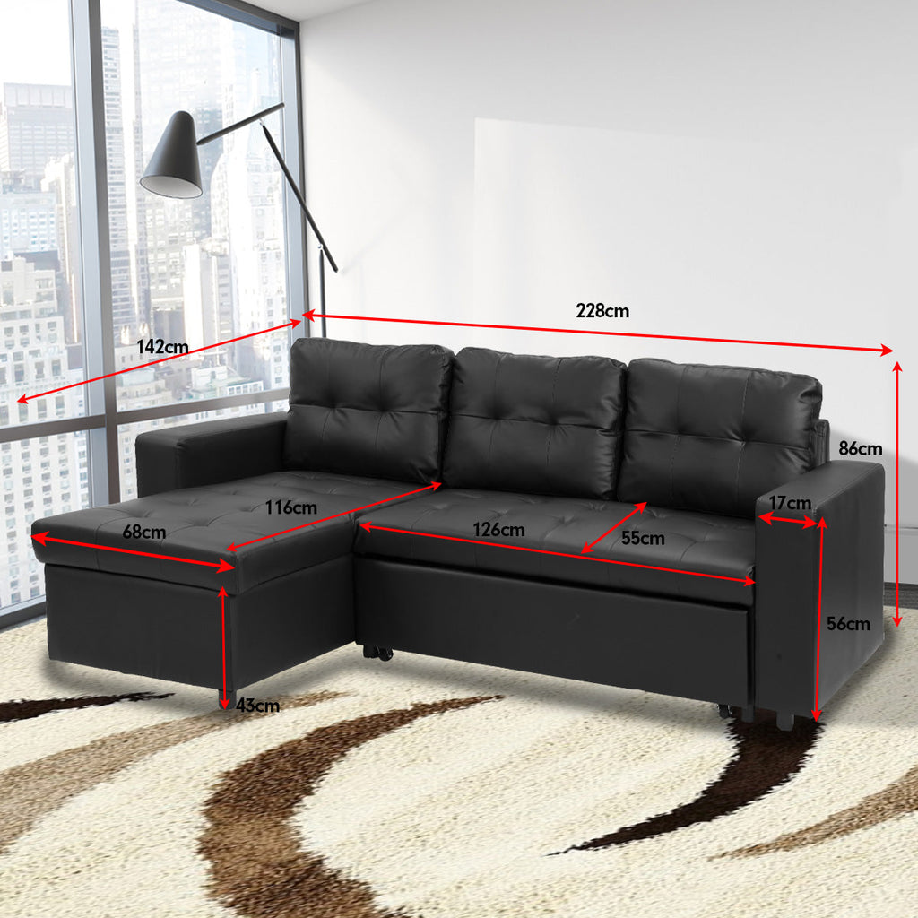 NNEDPE Sarantino Corner Sofa Bed Storage Chaise Couch Faux Leather Black-3