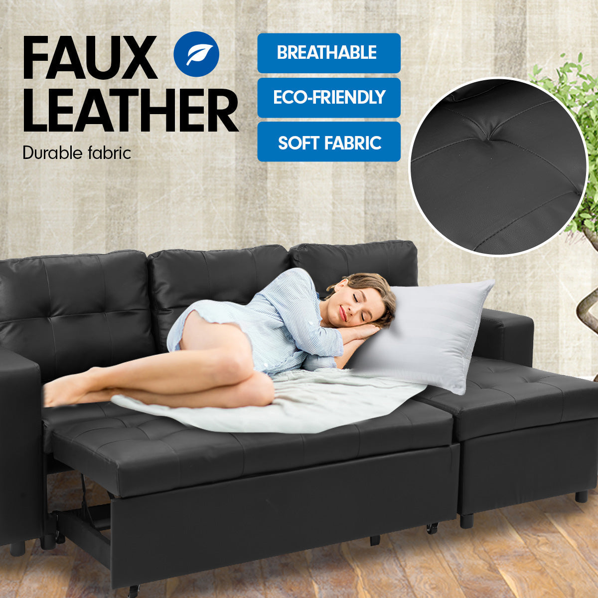 NNEDPE Sarantino Corner Sofa Bed Storage Chaise Couch Faux Leather Black-4