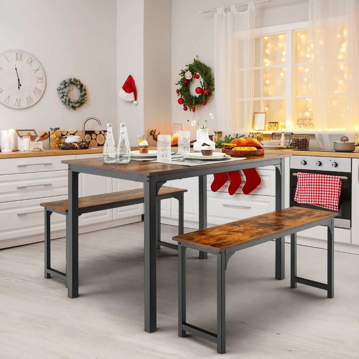 NNECW Space-saving Dining Table Set for 4 with 2 Benches for Kitchen-Brown-4