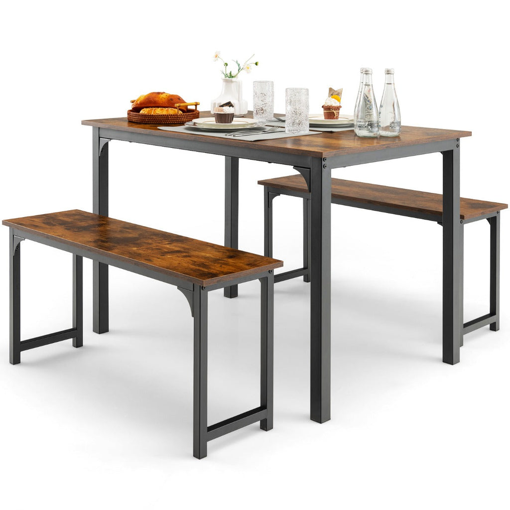 NNECW Space-saving Dining Table Set for 4 with 2 Benches for Kitchen-Brown-1