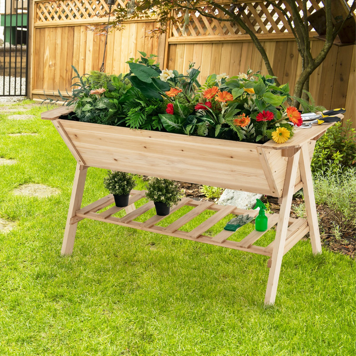 NNECW 2 Tiers Raised Garden Bed with Storage Shelf & Black Liner-0