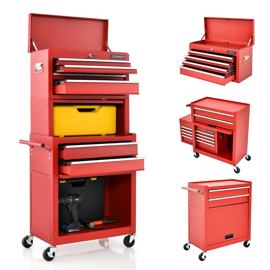 NNECW 2-In-1 High Capacity Rolling Tool Chest with Handle &amp; 4 Wheels for Garage-Red-1