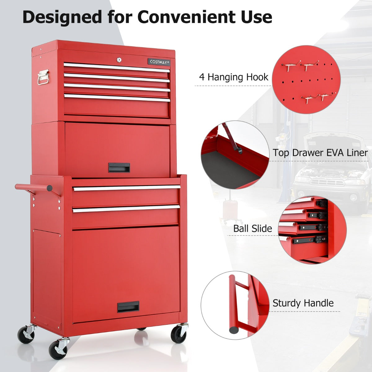 NNECW 2-In-1 High Capacity Rolling Tool Chest with Handle &amp; 4 Wheels for Garage-Red-2