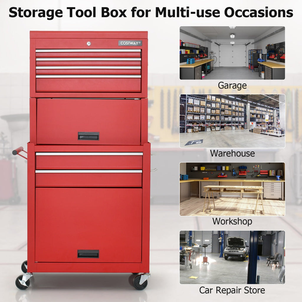 NNECW 2-In-1 High Capacity Rolling Tool Chest with Handle &amp; 4 Wheels for Garage-Red-4