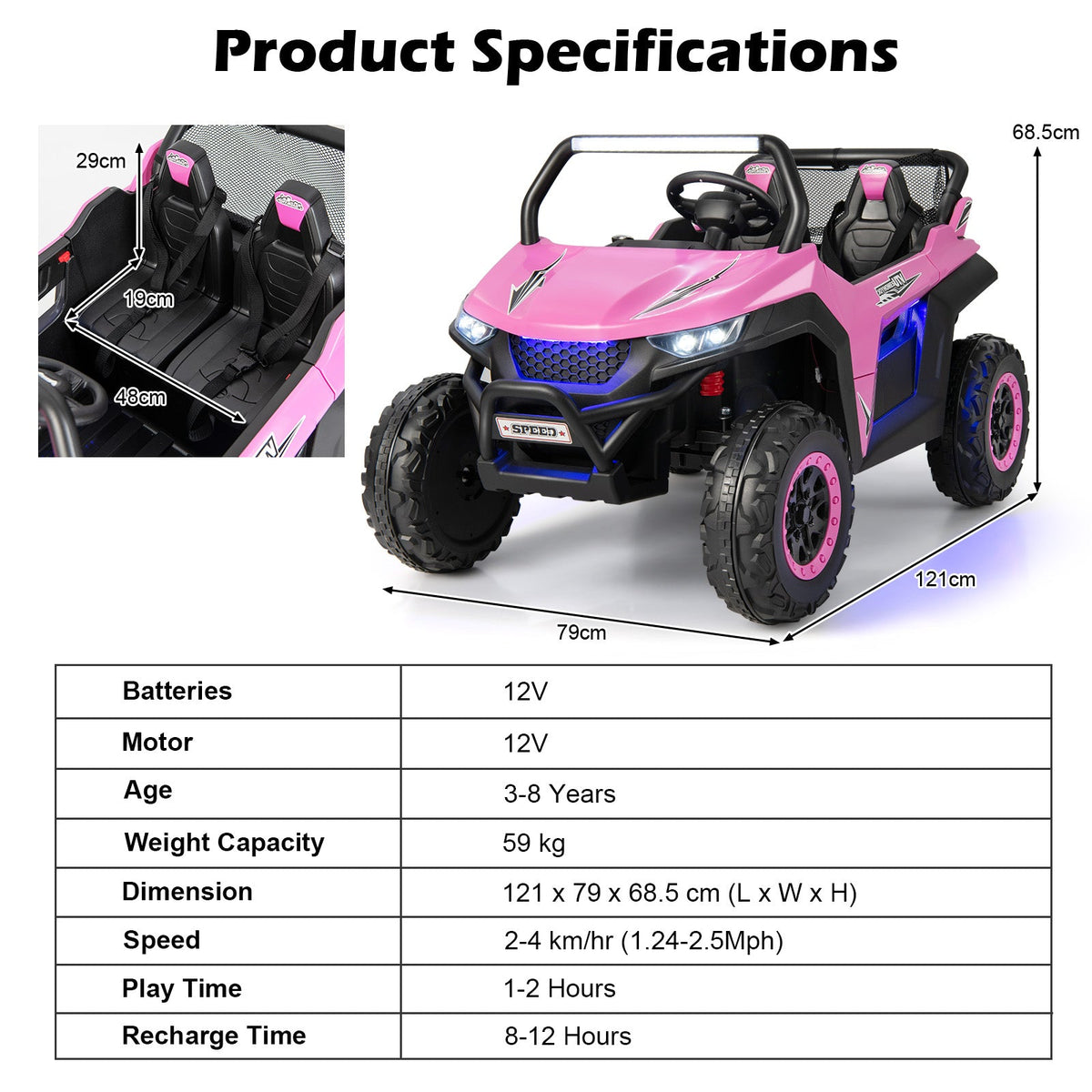 NNECW 12V 2-Seater Kids Ride On Car  with Light Music &amp;amp; Electric Remote Control-Pink-3