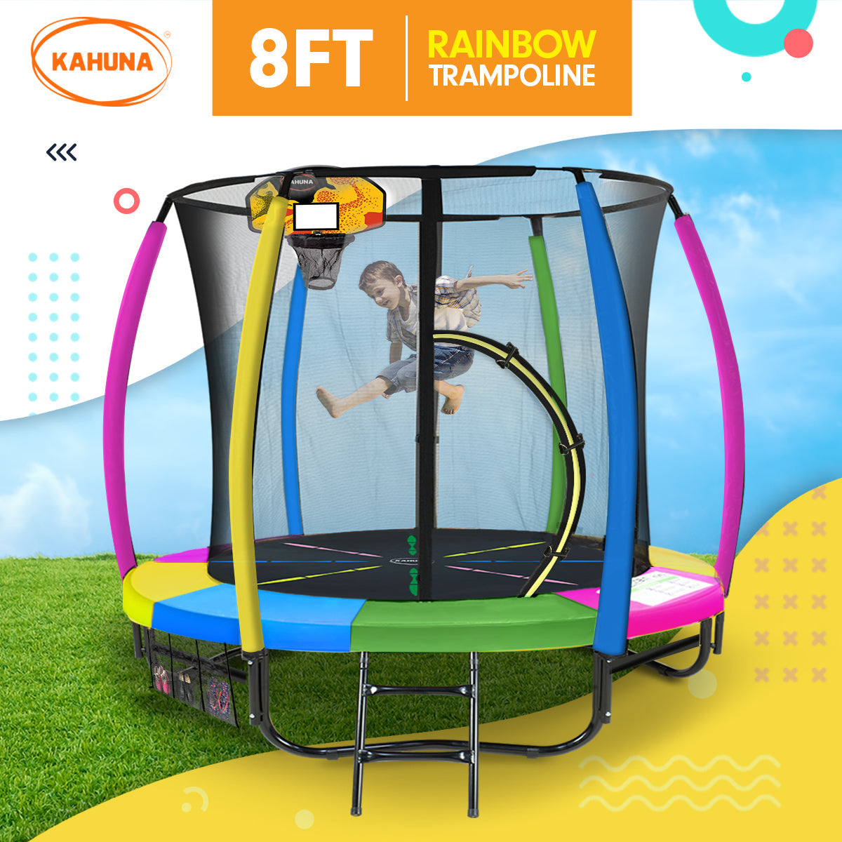 NNEDPE Kahuna Trampoline 8 ft with Basketball set - Rainbow-1