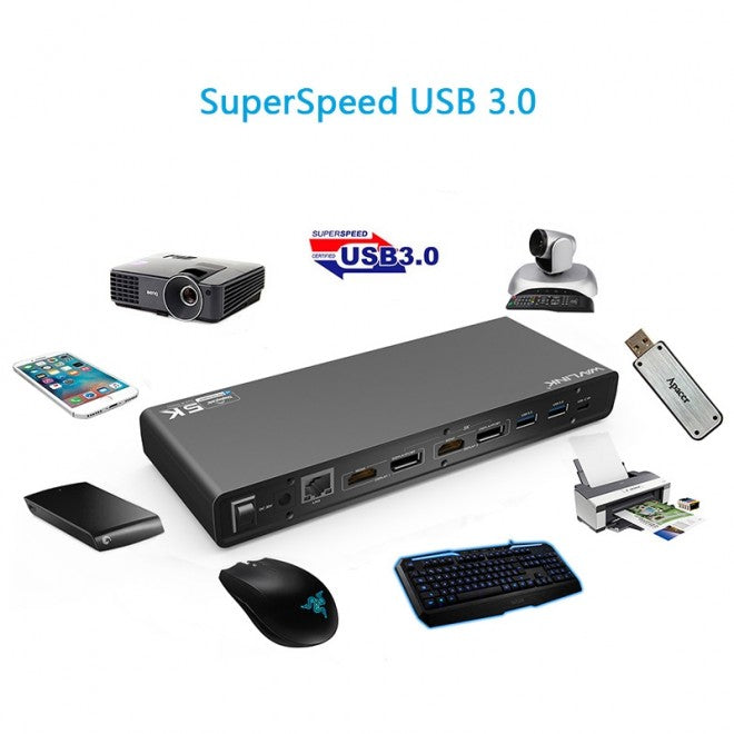 NNEDSZ USB-C Ultra 5K Laptop Docking Station with 6x USB3.0, 4K Dual Video Outputs, Gigabit Ethernet, Audio WS-UG69DK1-3