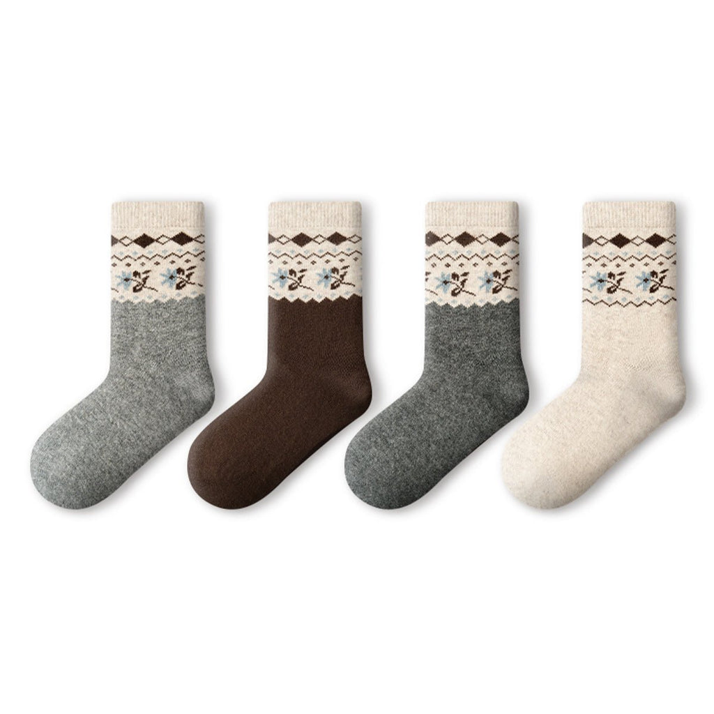 Women's Floral Fair Isle Wool Mid-Calf Socks - 4 Pair Winter Set-0