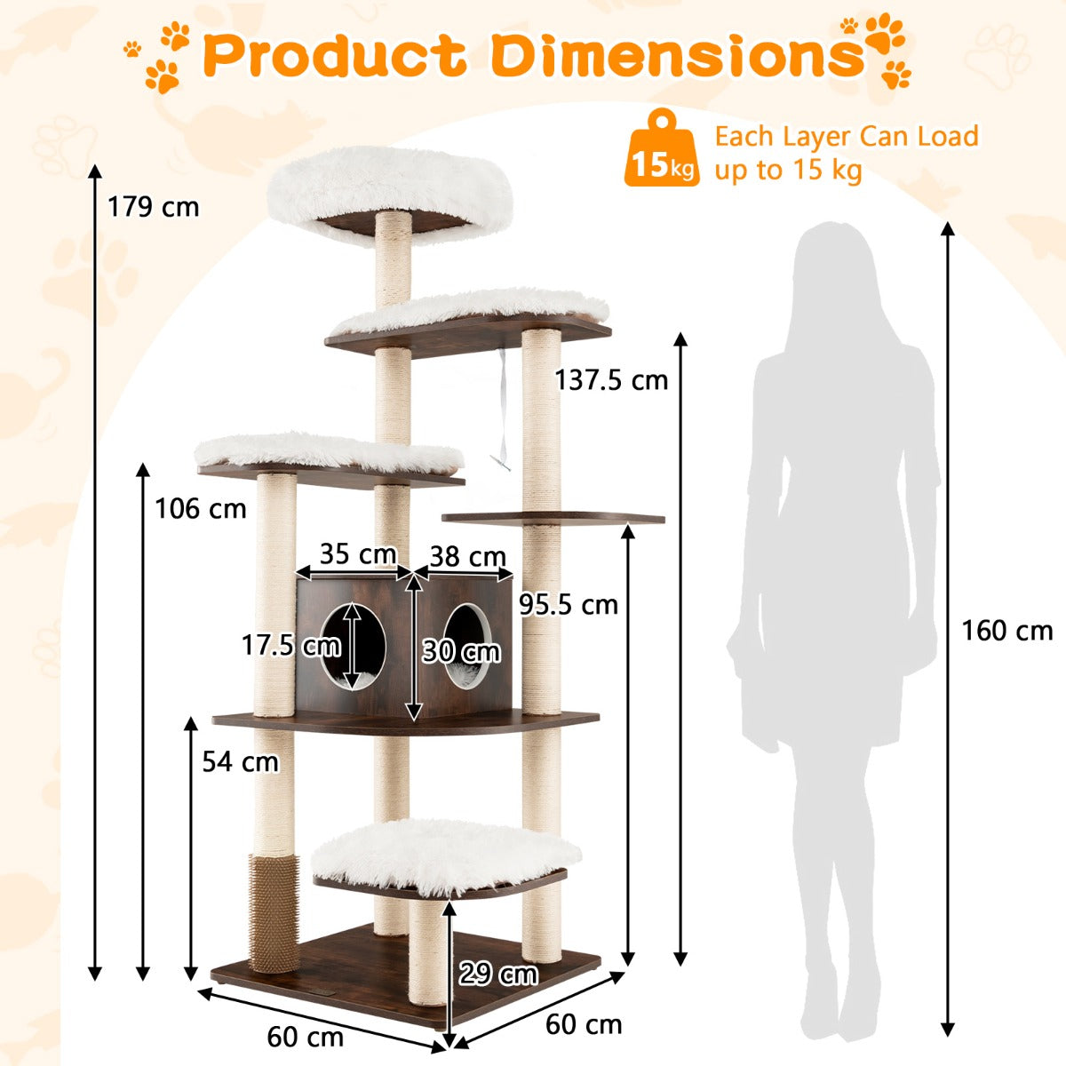 NNECW 179 CM Tall 7-Layer Wooden Cat Tree with Sisal Scratching Posts-3